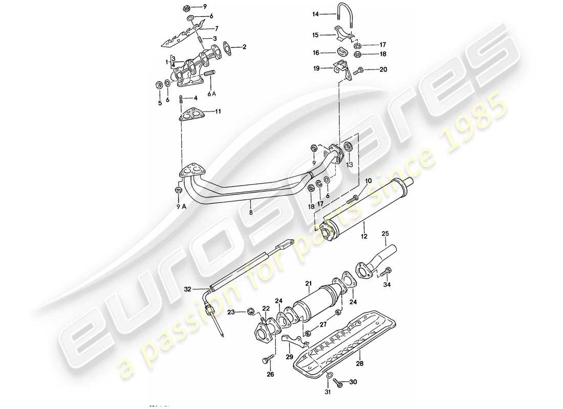 porsche 1977 (924) sistema di scarico - silenziatore di scarico, anteriore diagramma delle parti