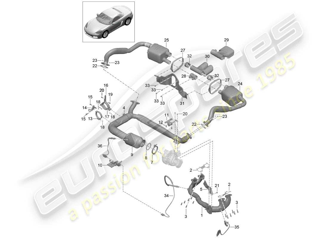 porsche 2017 (718 boxster) impianto di scarico diagramma delle parti