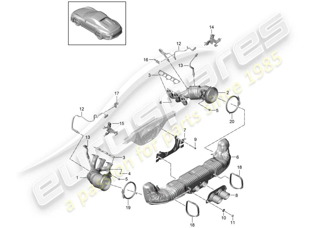porsche 2015 (991-1 r/gt3/rs) diagramma delle parti del sistema di scarico