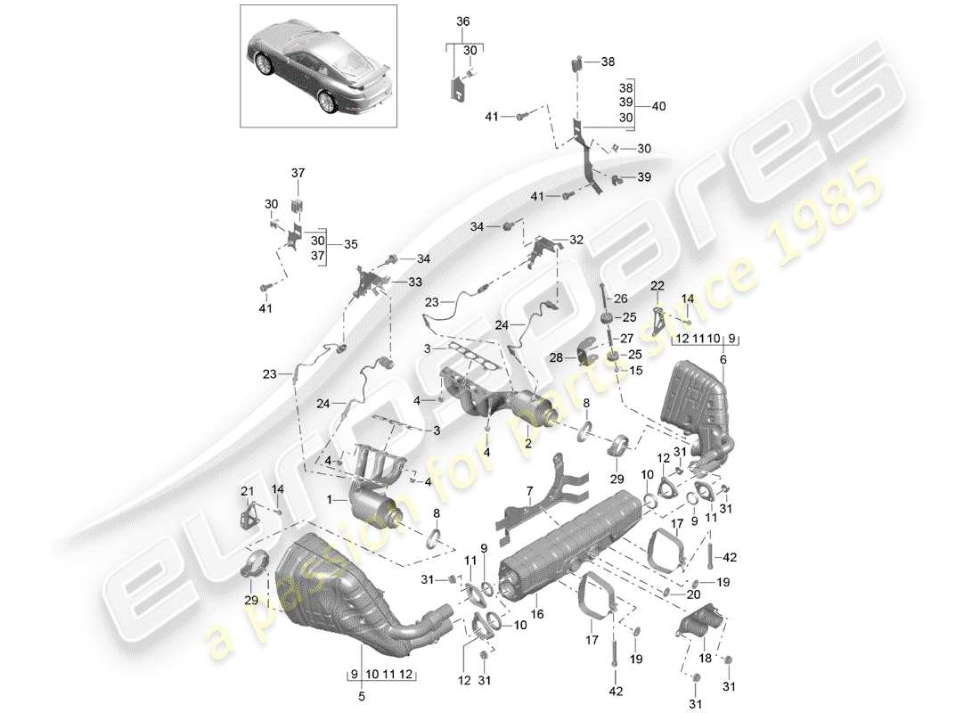 porsche 2015 (991-1 r/gt3/rs) diagramma delle parti del sistema di scarico
