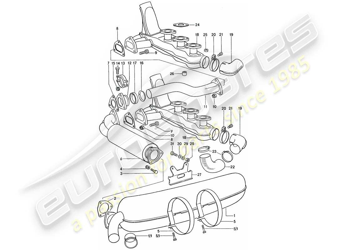 porsche 1976 (911) sistema di scarico - d - mj 1975>> schema delle parti