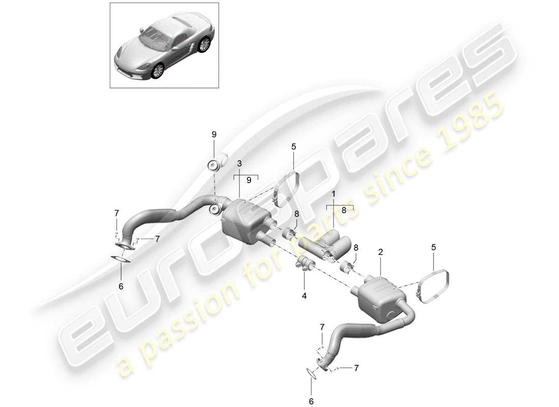 porsche 2018 (718 boxster) impianto di scarico diagramma delle parti