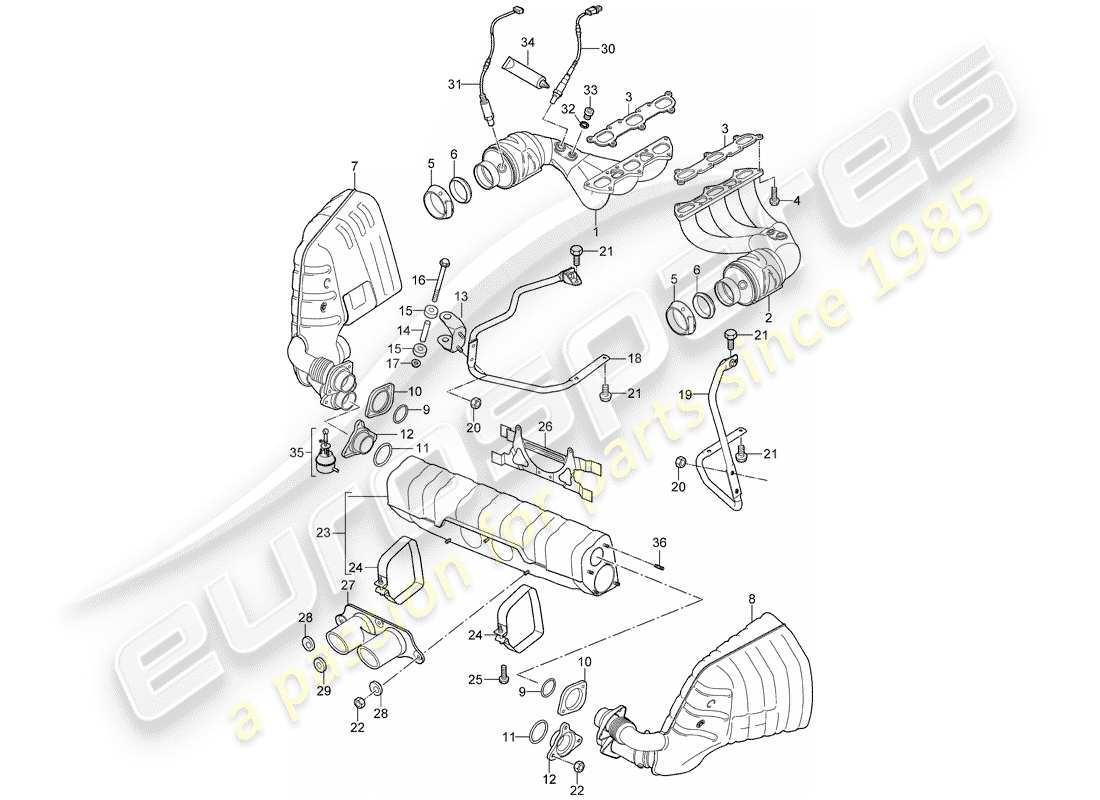 porsche 2007 (997-1 gt3) diagramma delle parti del sistema di scarico