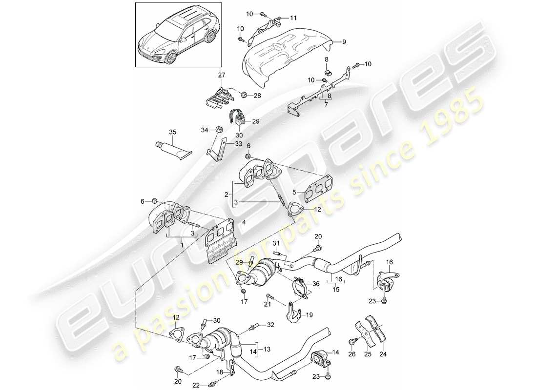 porsche 2014 (cayenne e2 92a) diagramma delle parti del sistema di scarico