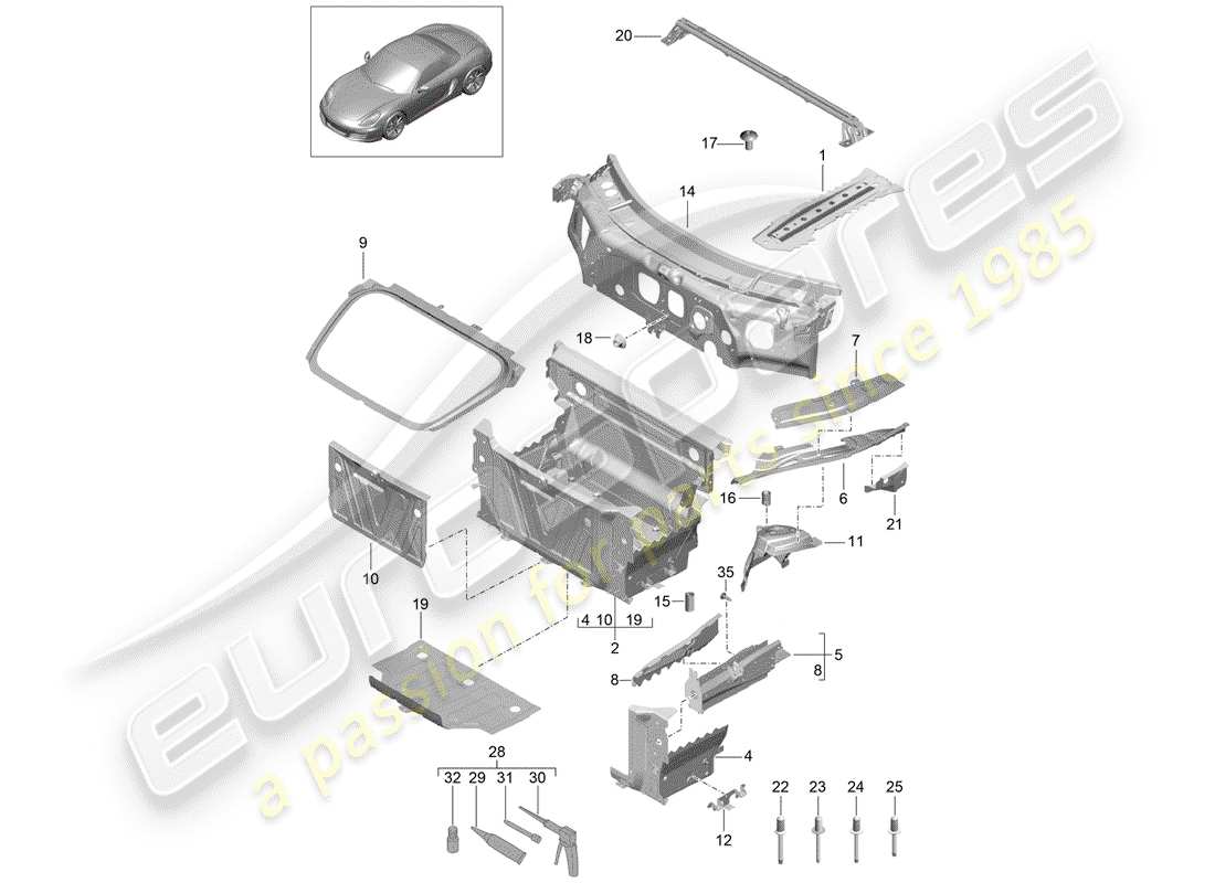 porsche 2013 (981 boxster) fine frontale diagramma delle parti