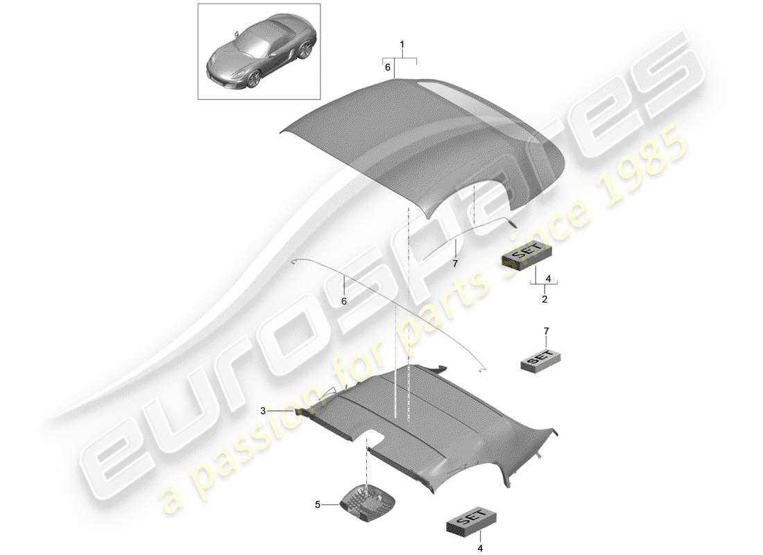 porsche 2013 (981 boxster) copertura della capote diagramma delle parti
