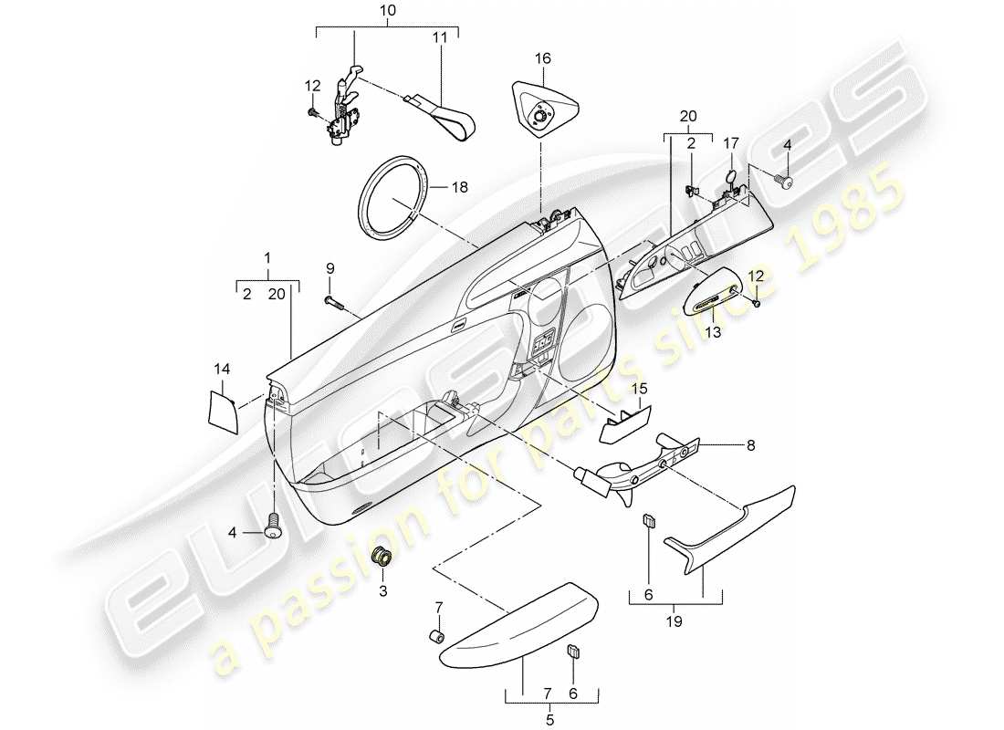 porsche 2013 (997-2 turbo / gt2 rs) schema delle parti del pannello della porta