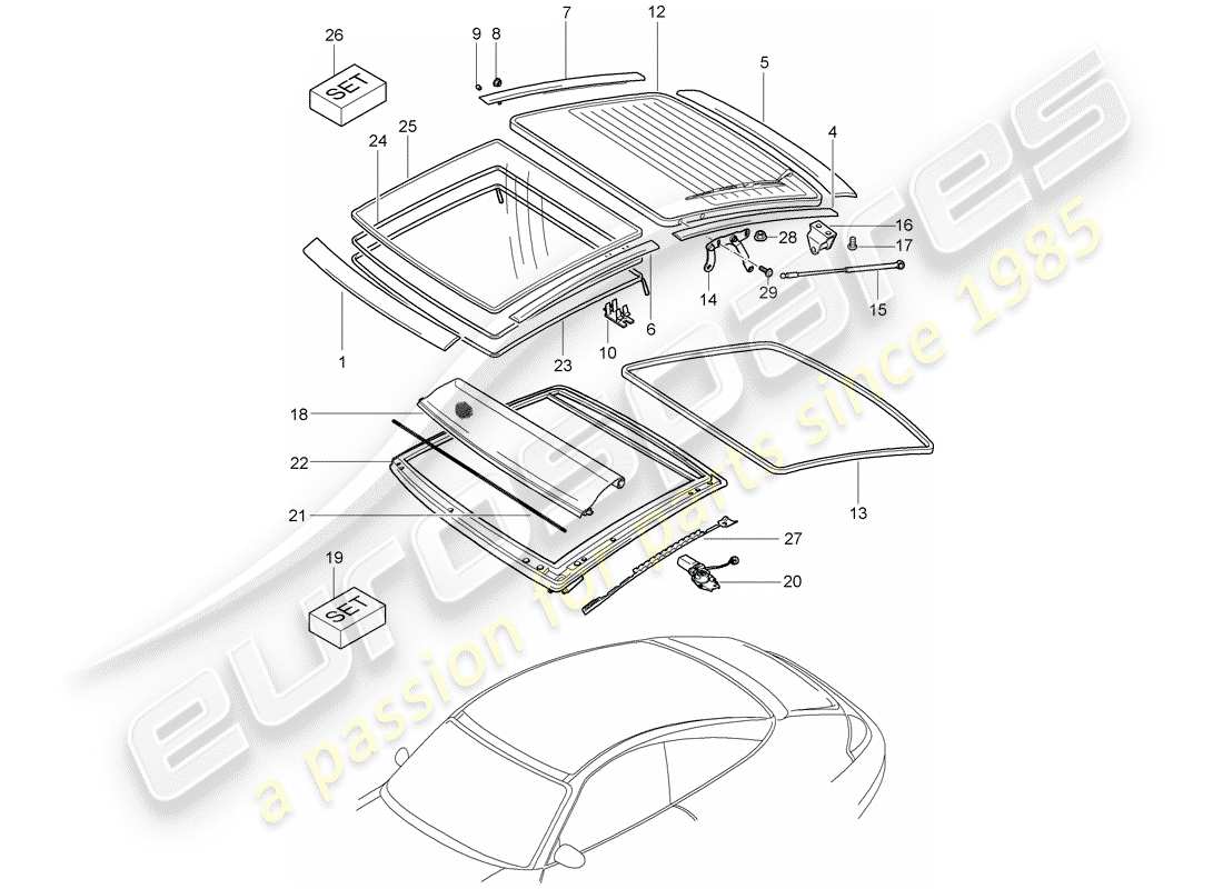 porsche 2003 (996) tetto in vetro - profili diagramma delle parti