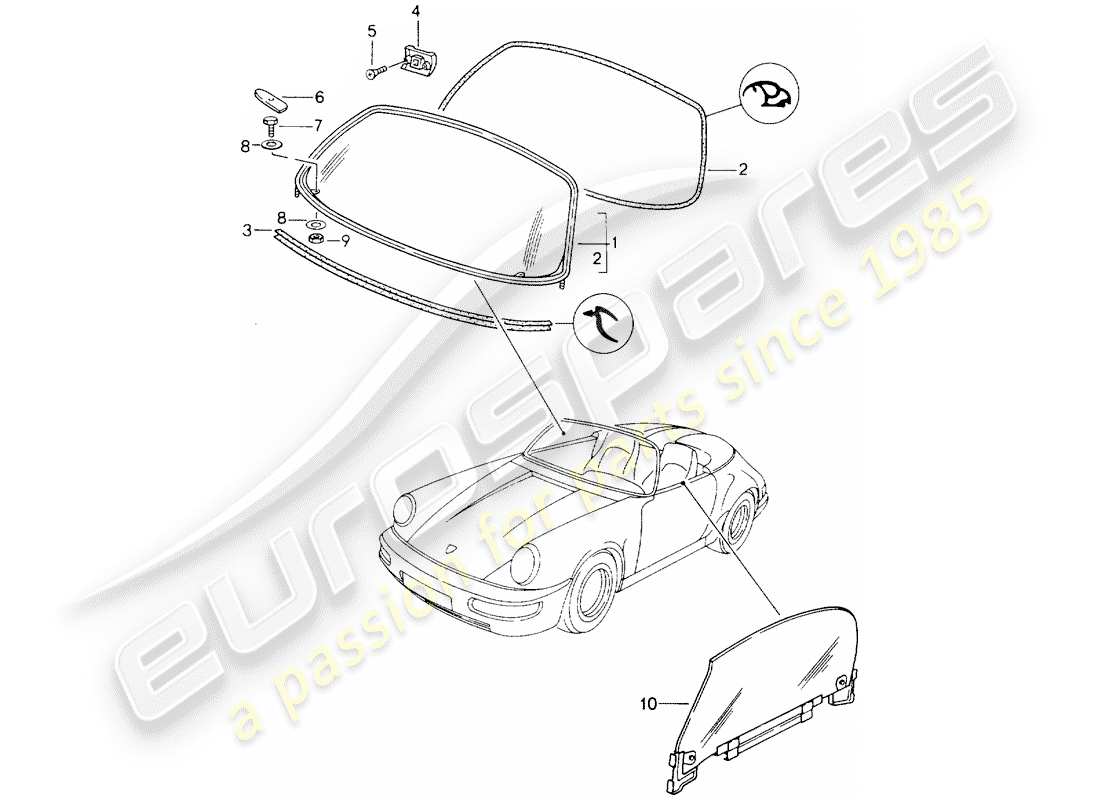 porsche 1990 (964) vetri della finestra schema delle parti