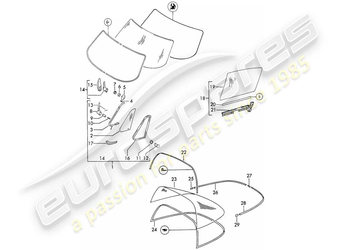 porsche 1966 (911/912) vetri della finestra schema delle parti