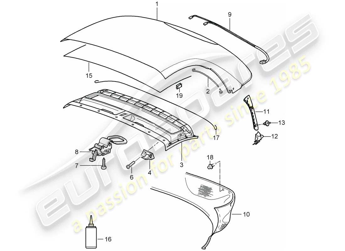 porsche 2007 (987 boxster) copertura della capote diagramma delle parti
