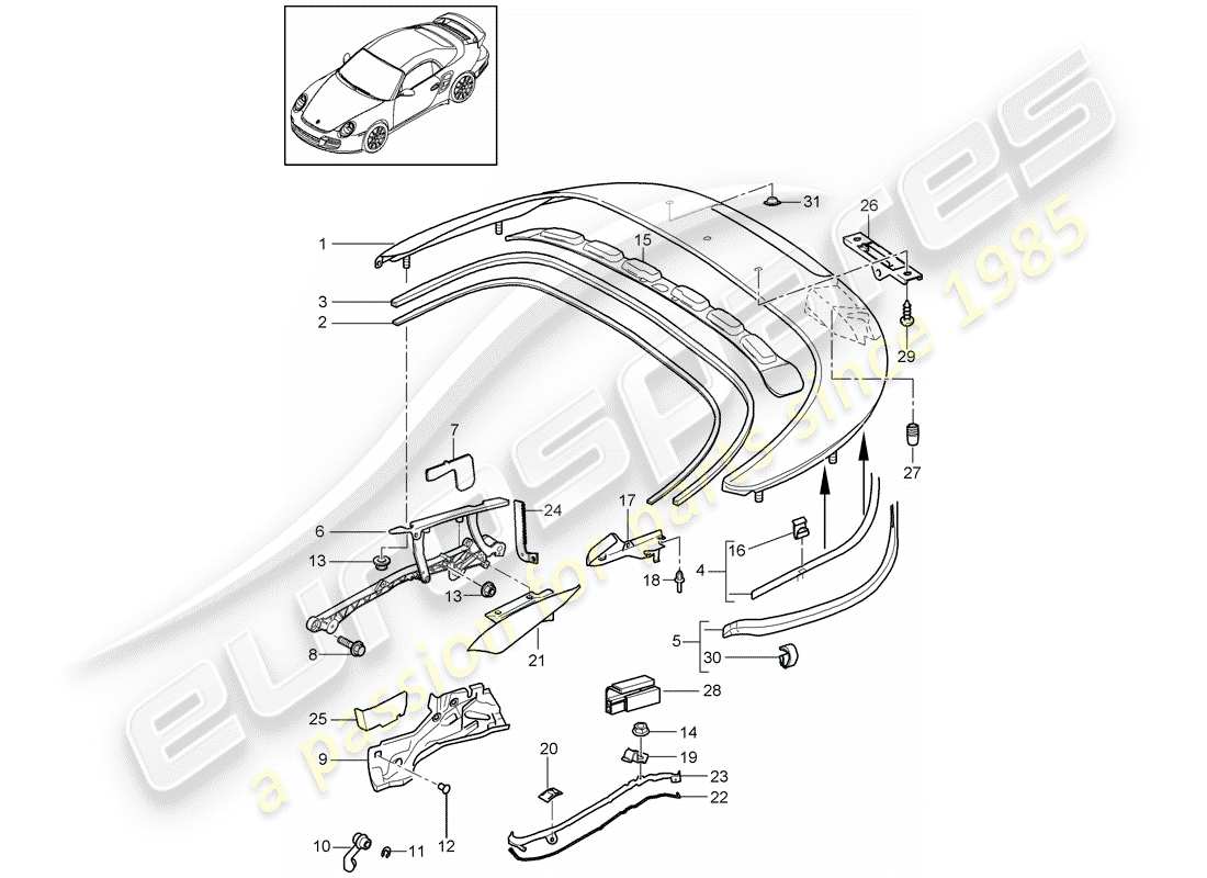 porsche 2013 (997-2 turbo / gt2 rs) contenitore superiore diagramma delle parti
