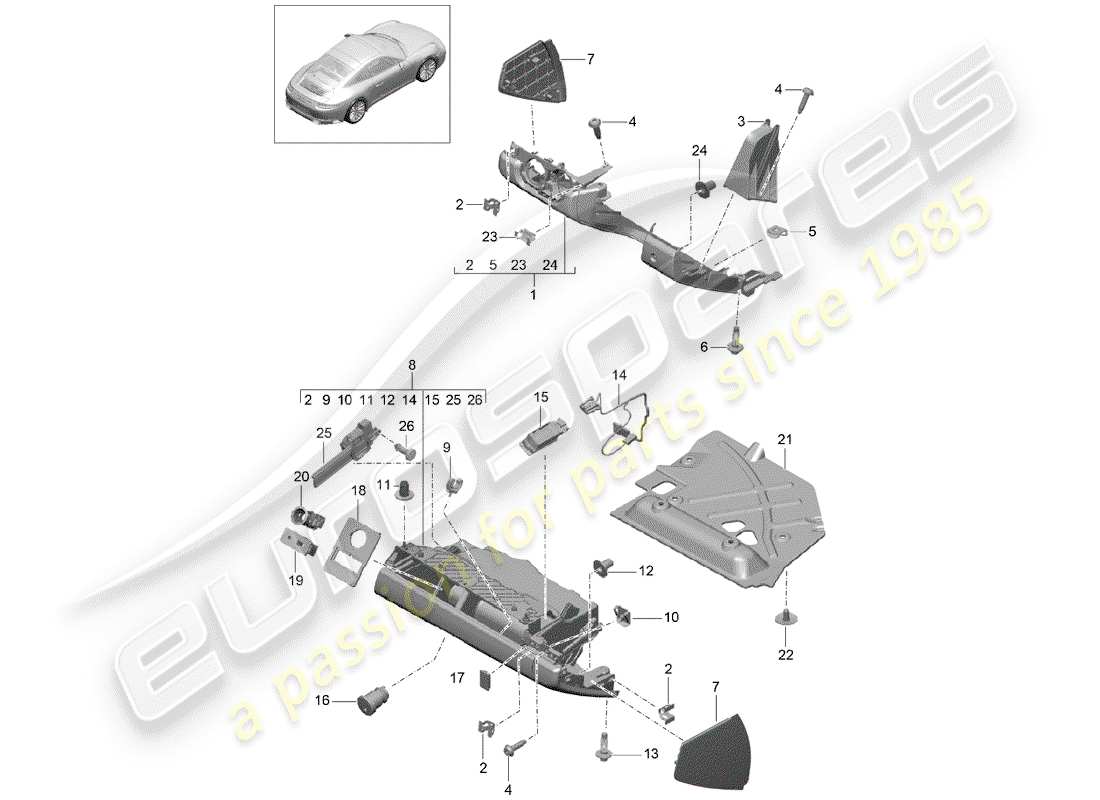 porsche 991 gen. 2 (2020) diagramma delle parti del vano portaoggetti
