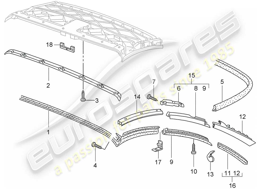 porsche 2005 (997-1) schema delle parti della capote convertibile