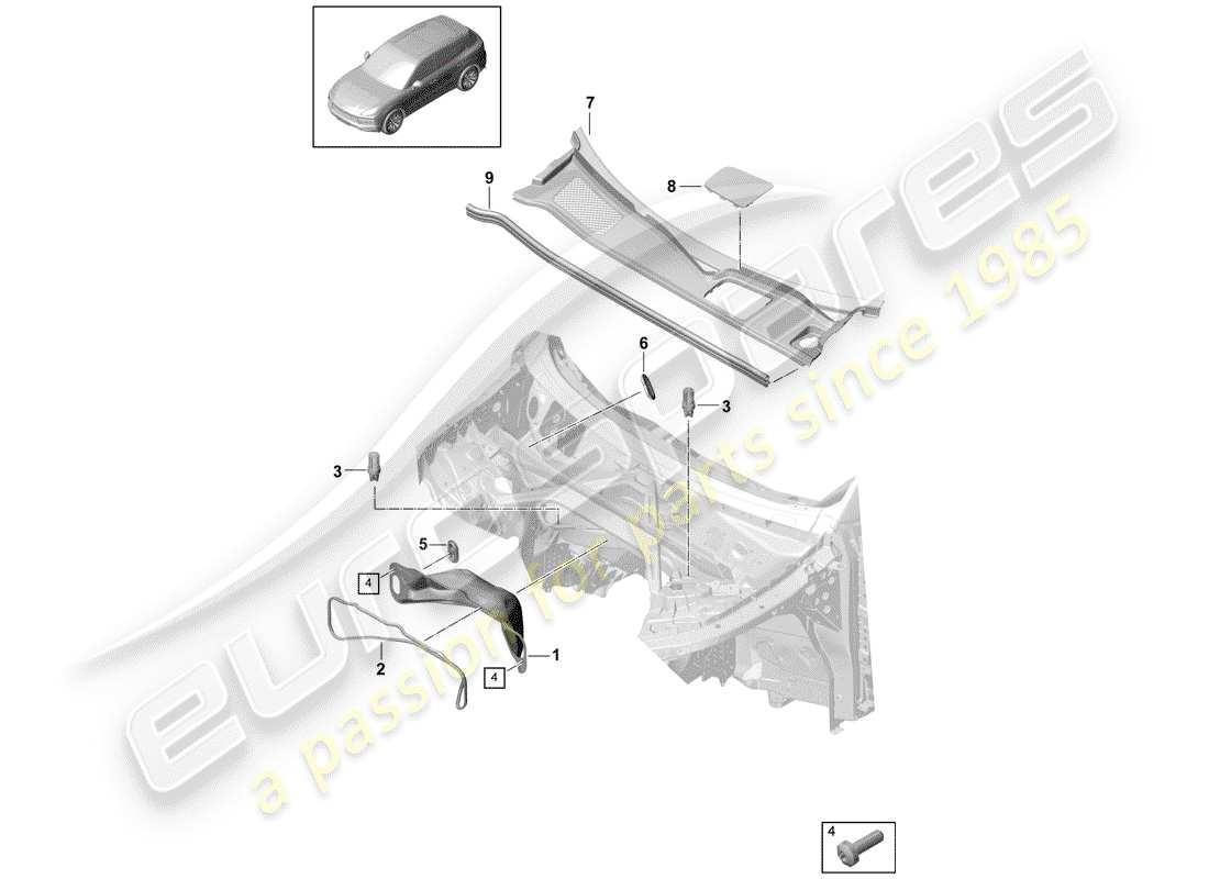 porsche 2020 (cayenne e3 9ya/9yb) scatola dell'acqua diagramma delle parti
