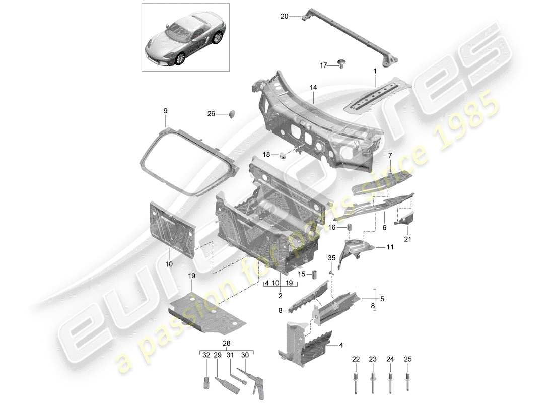 porsche 2019 (718 boxster) fine frontale diagramma delle parti