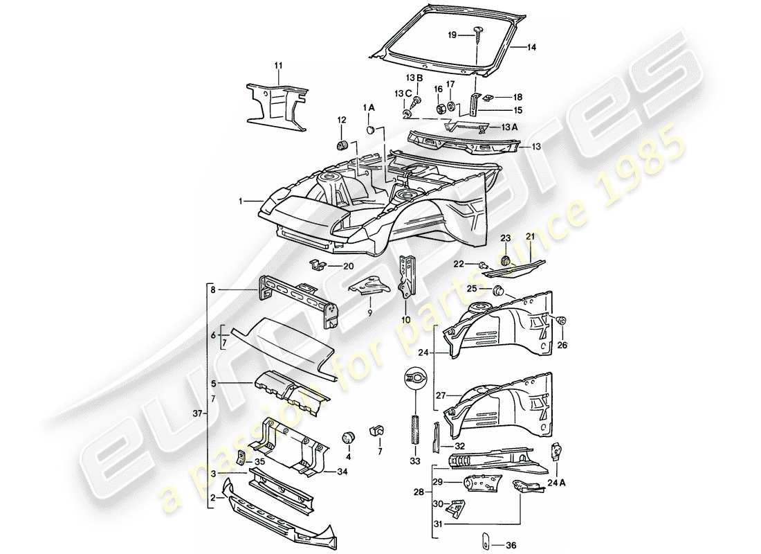 porsche 1983 (944) sezione anteriore del corpo schema delle parti
