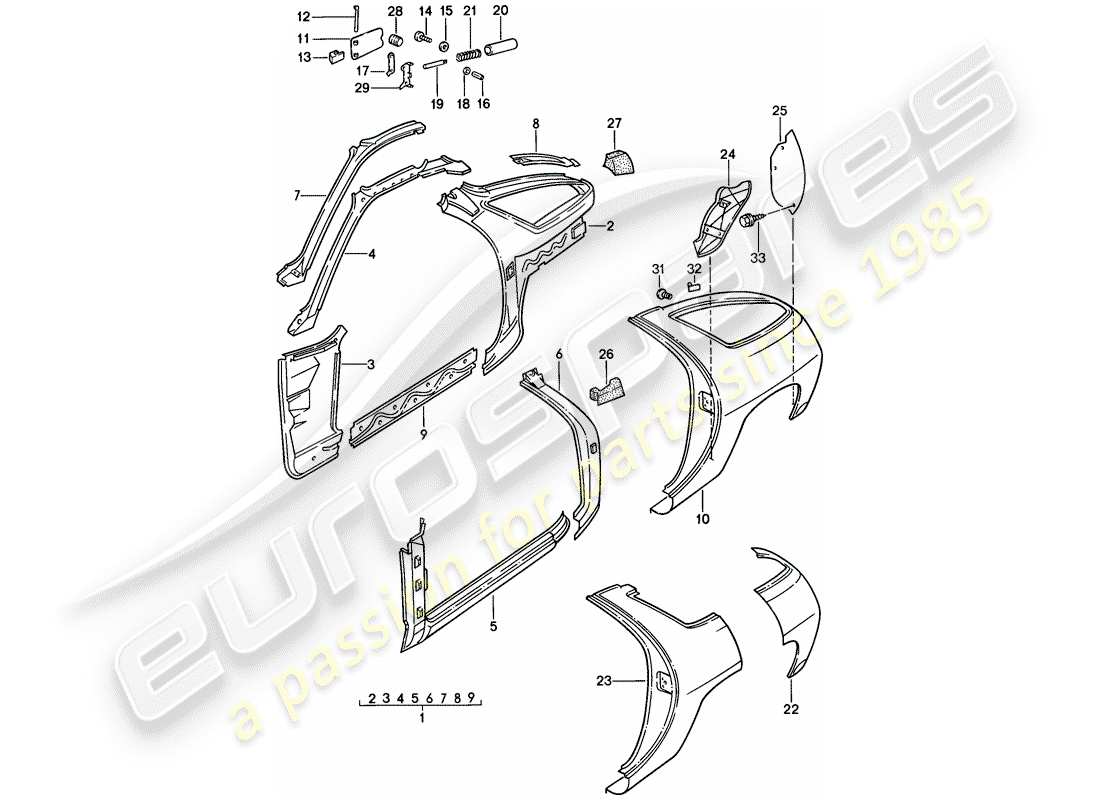 porsche 1985 (928) telaio - pannello laterale schema delle parti