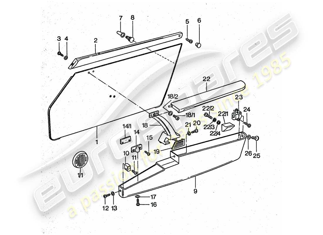porsche 1977 (911 turbo) schema delle parti del pannello della porta
