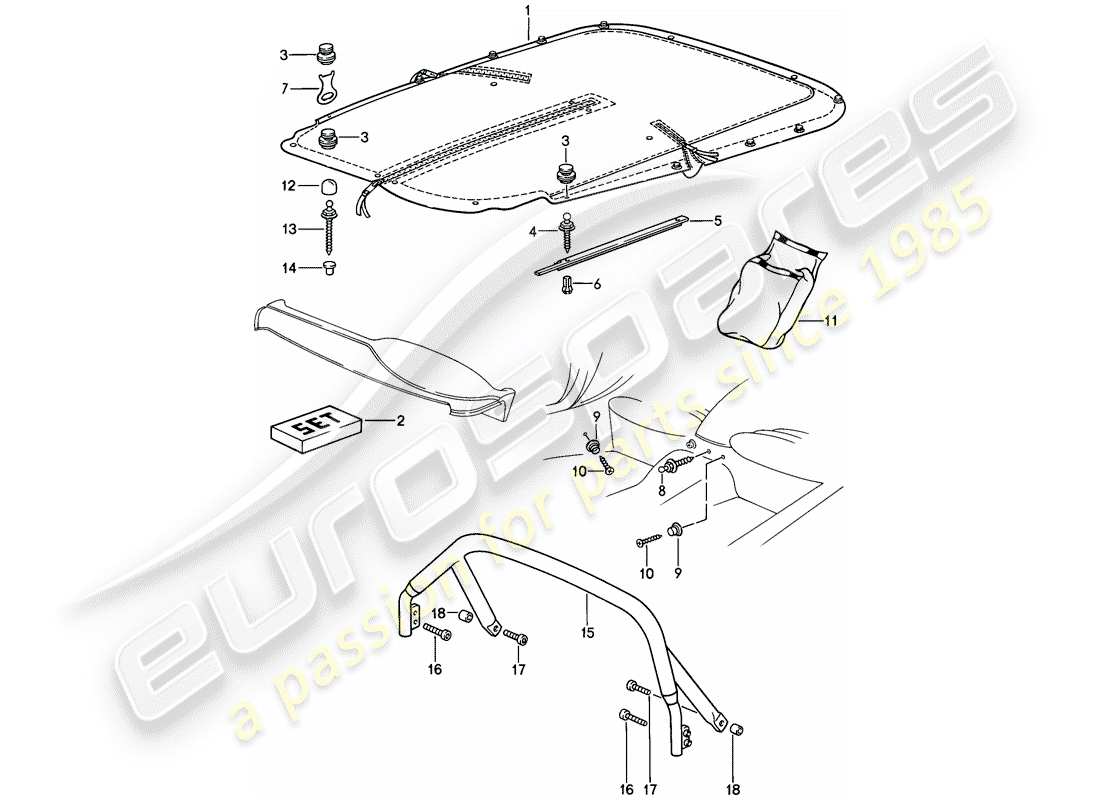 porsche 1985 (911) copertura tonneau con - raccordi - clip copertura schema delle parti