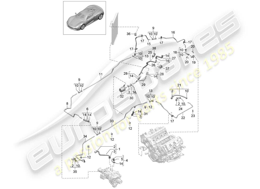 porsche 2015 (918 spyder) diagramma delle parti del raffreddamento ad acqua