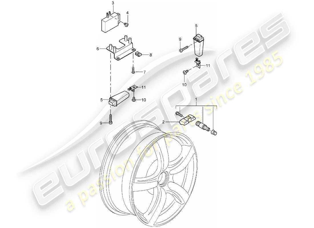 porsche 2005 (carrera gt) sistema di controllo della pressione dei pneumatici diagramma delle parti