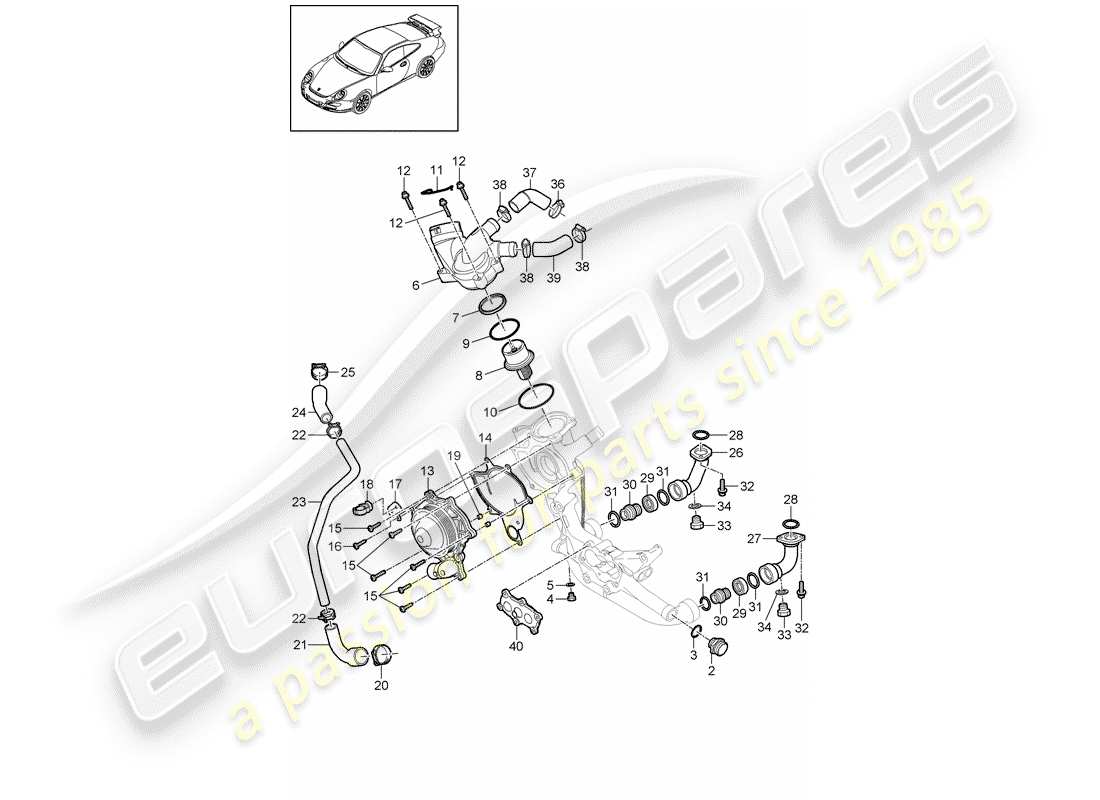 porsche 2008 (997-1 gt3) schema delle parti della pompa dell'acqua