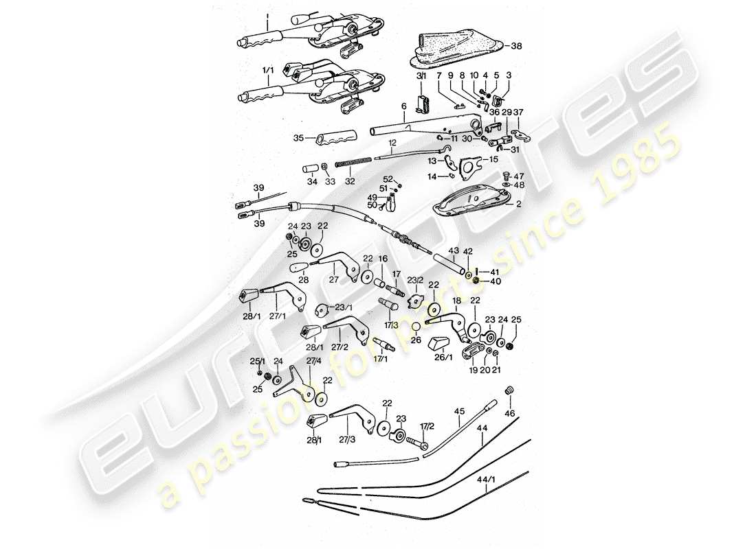 porsche 1977 (911 turbo) leva di comando - freno a mano - acceleratore manuale schema delle parti
