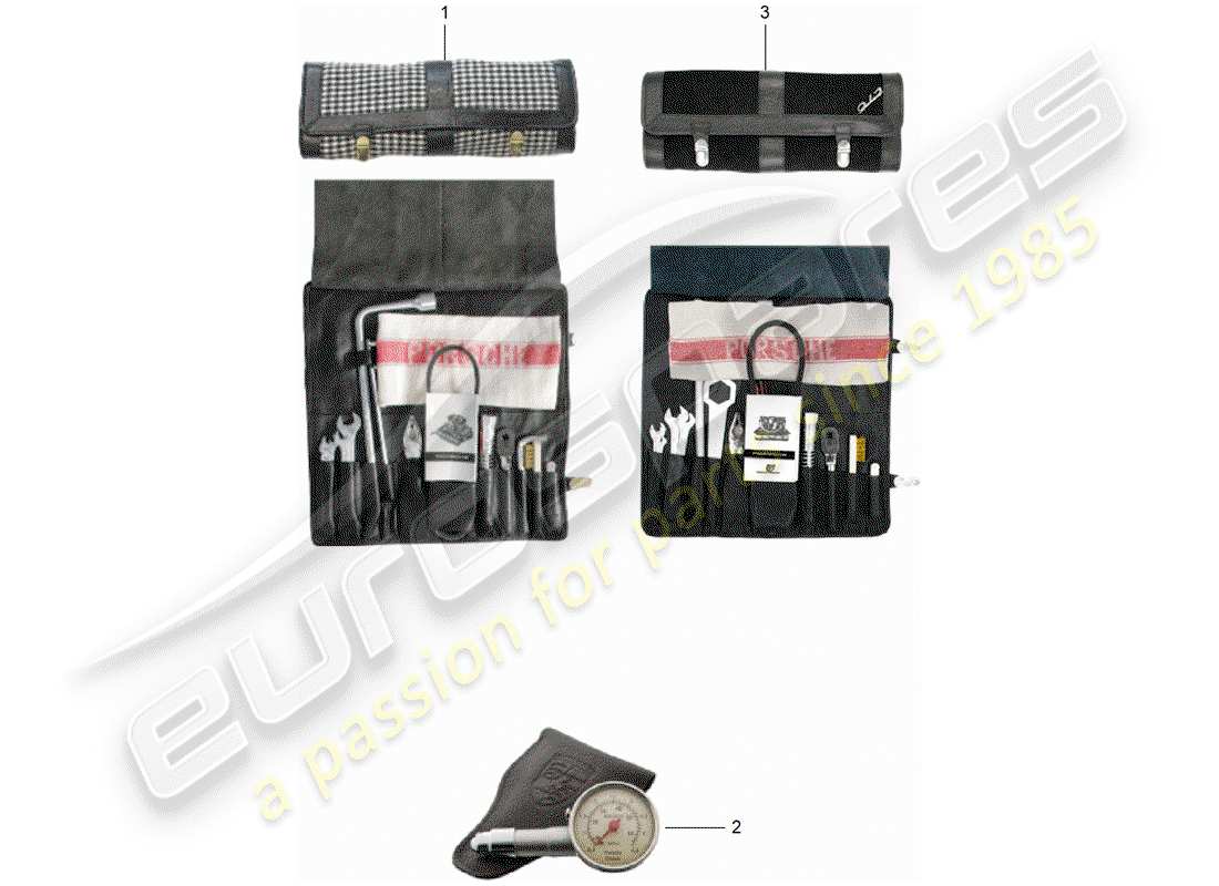 porsche 1966 (911/912) attrezzo - cric - scatola con lampadine - kit di pronto soccorso schema delle parti