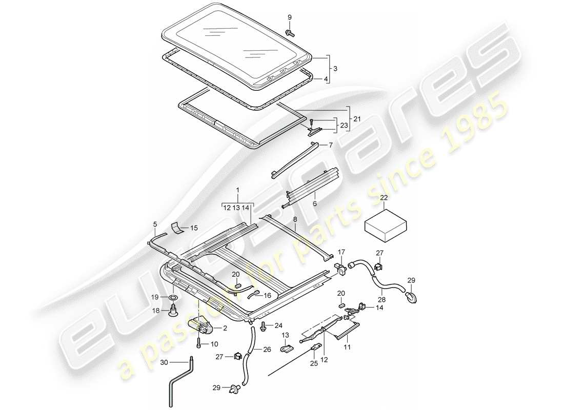 porsche 2005 (cayenne e1 9pa) tetto scorrevole in vetro schema delle parti