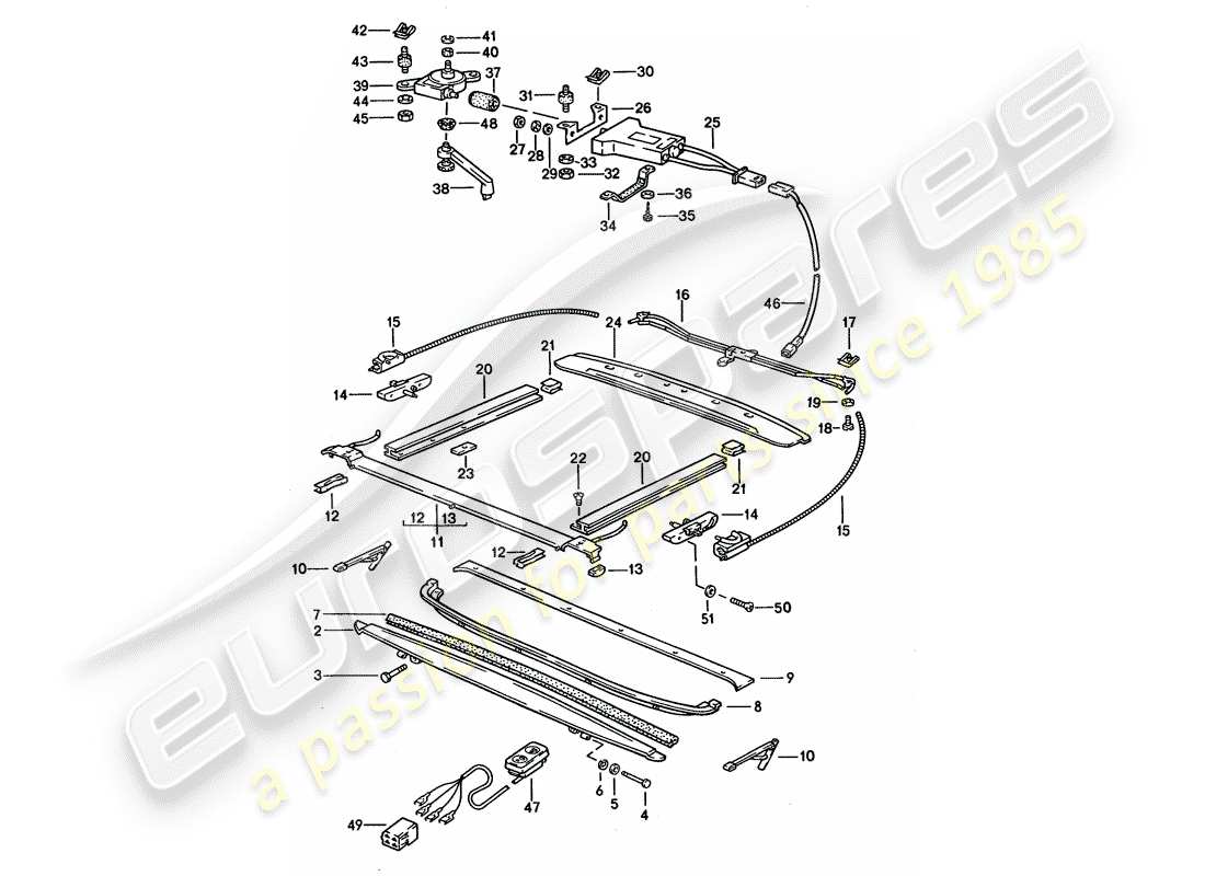 porsche 1993 (928) tetto apribile - parti di installazione - e - azionamento elettrico schema delle parti