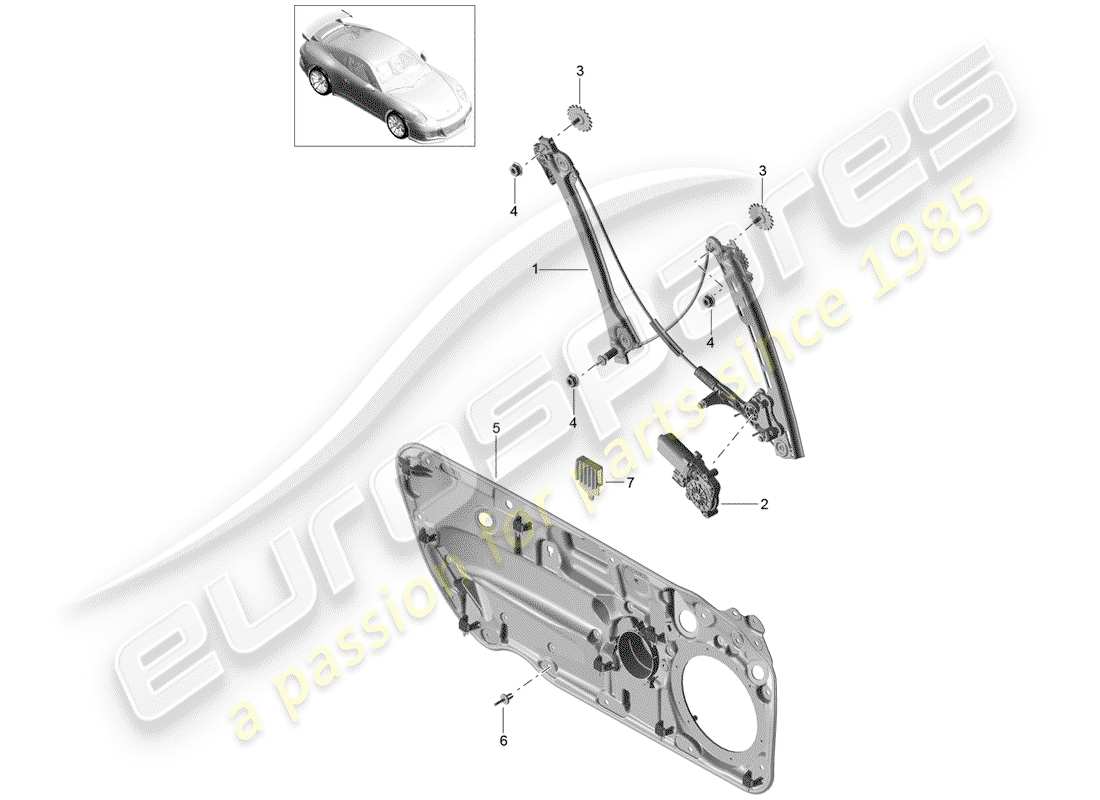 porsche 2019 (991-2 r/gt3/rs) schema delle parti del regolatore della finestra