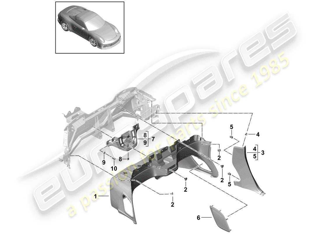 porsche 2016 (991-1 r/gt3/rs) pannello di rivestimento per pannello posteriore schema delle parti