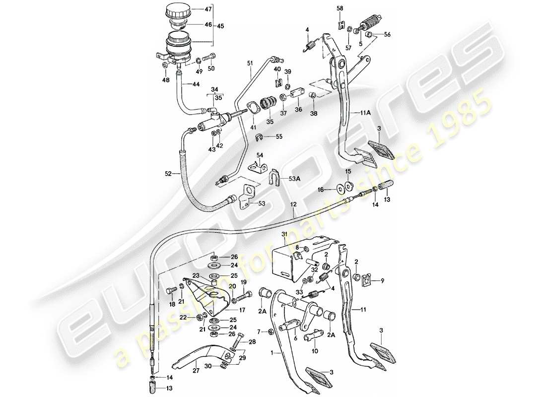 porsche 1984 (924) pedali freno e frizione - cluster diagramma delle parti