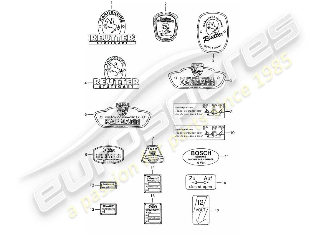 porsche 1958 (356/356a) emblema - adesivo diagramma delle parti