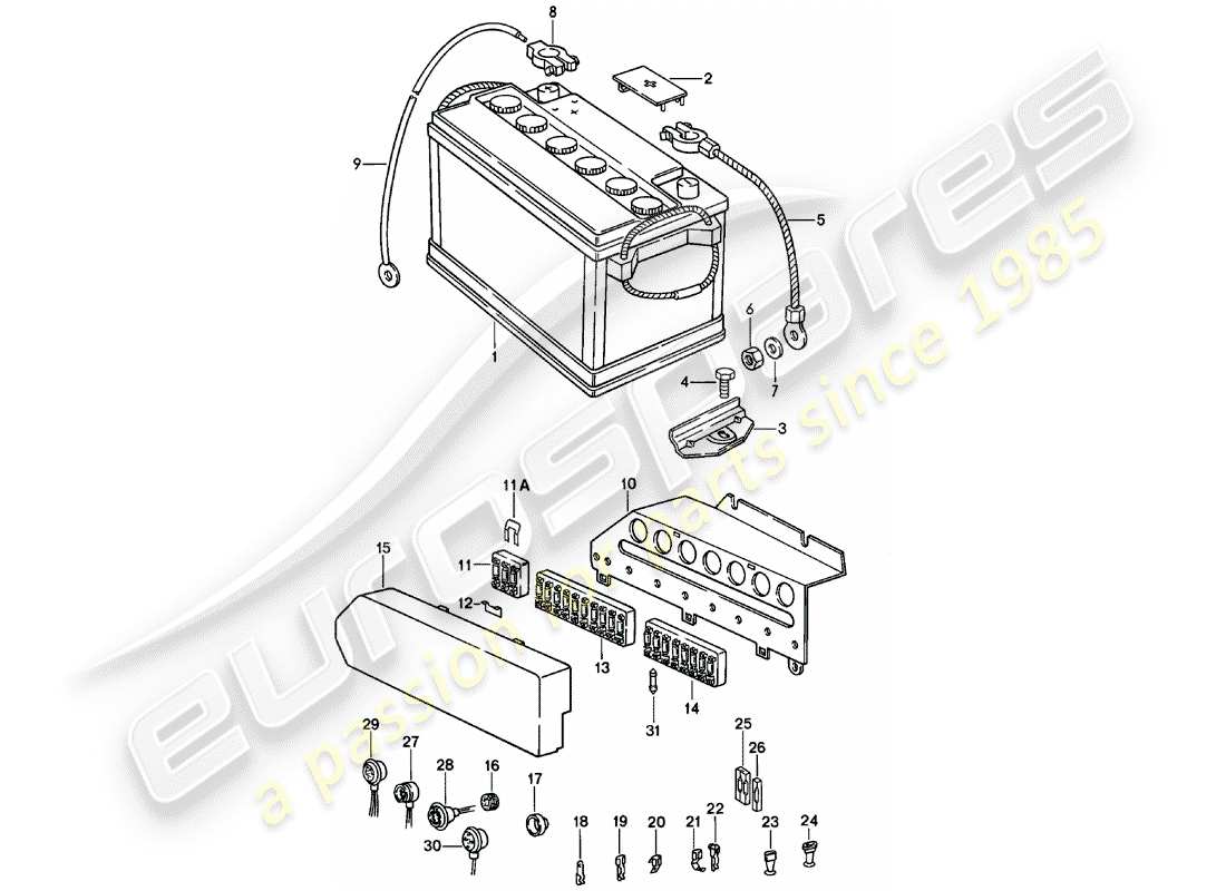 porsche 1981 (911) batteria - scatola fusibili diagramma delle parti
