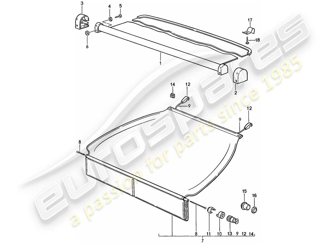 porsche 1986 (924s) copertura del vano bagagli diagramma delle parti