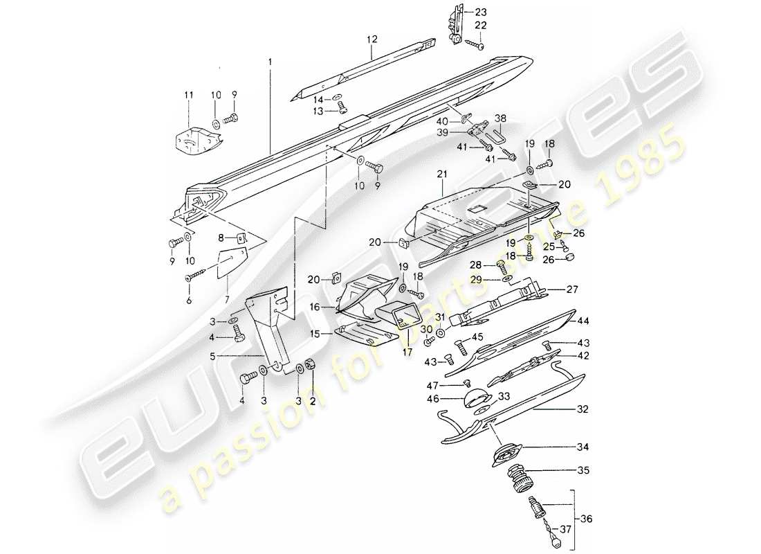 porsche 1990 (964) rivestimento ginocchia - airbag - per veicoli con - coperchio vano portaoggetti - fermo diagramma delle parti