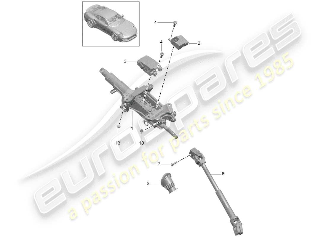 porsche 991 turbo (2019) diagramma delle parti del piantone dello sterzo
