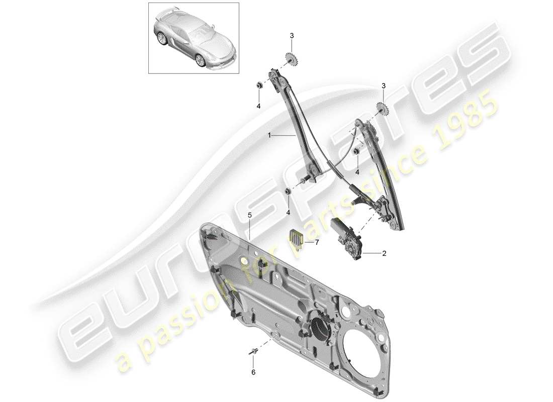porsche 2016 (981 cayman gt4) schema delle parti del regolatore della finestra