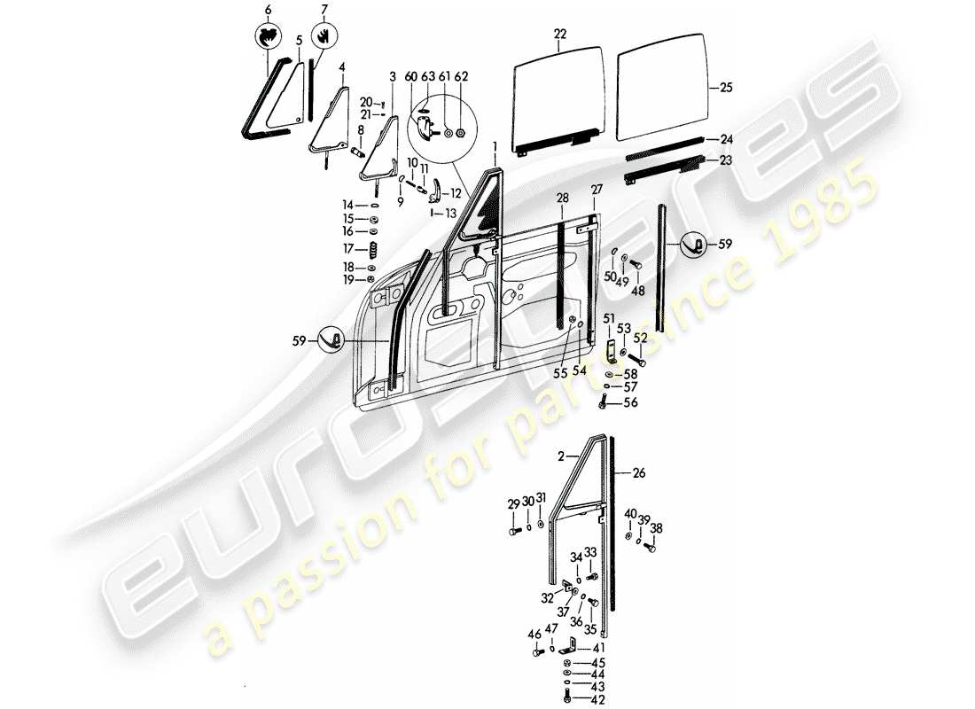 porsche 1963 (356b/356c) cornice della finestra - finestra laterale - porta finestra - canale in vetro - porta finestra schema delle parti