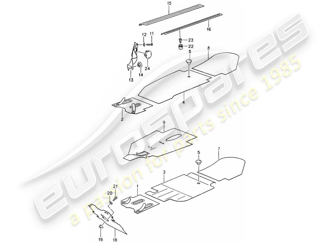 porsche 1997 (993) finiture - vano piedi - moquette staccabile diagramma delle parti