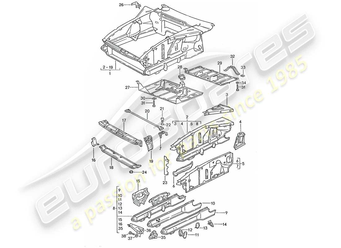 porsche 1990 (928) schema delle parti frontale