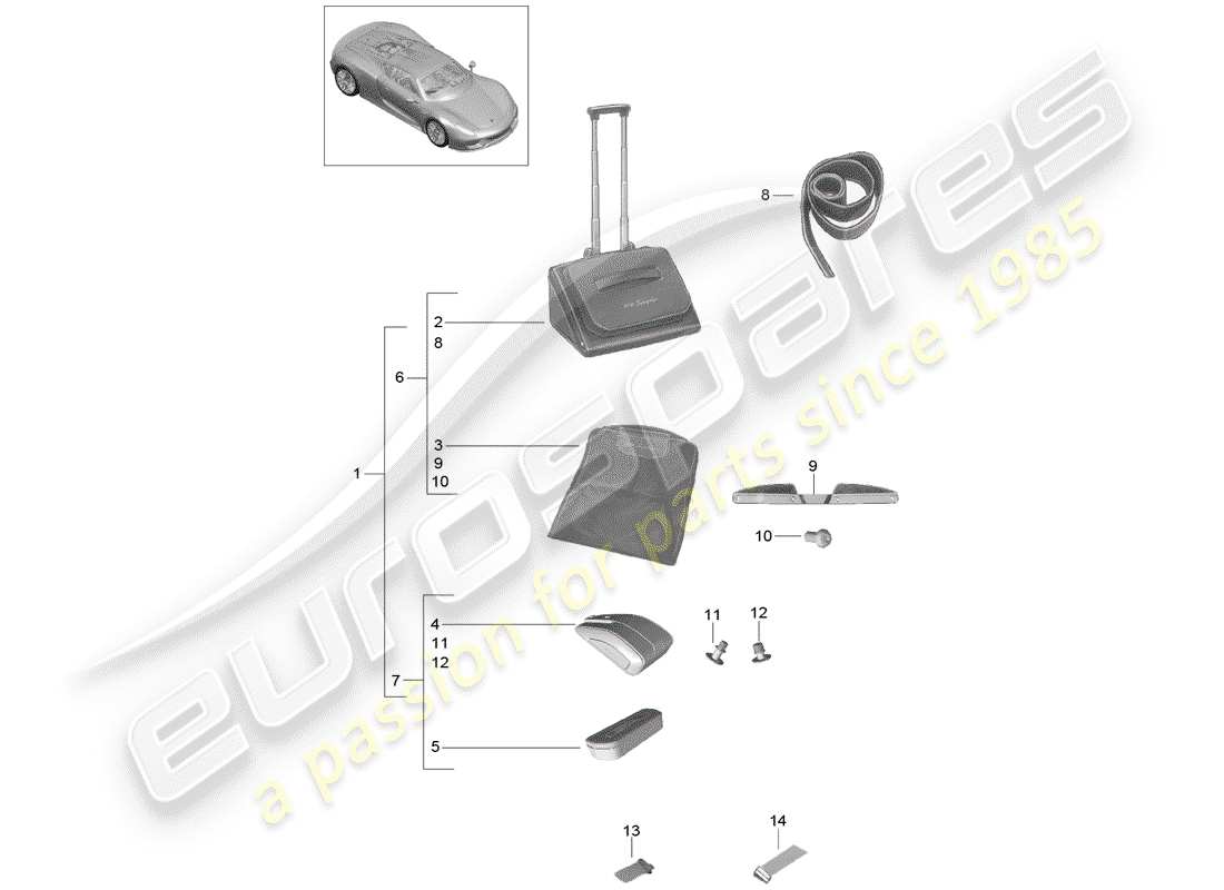 porsche 918 spyder (2015) sistema vano bagagli schema delle parti