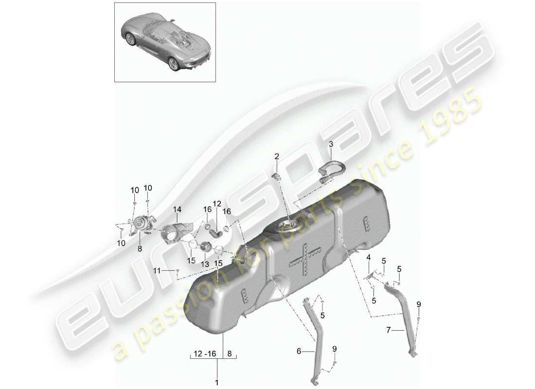 porsche 2015 (918 spyder) diagramma delle parti del serbatoio del carburante