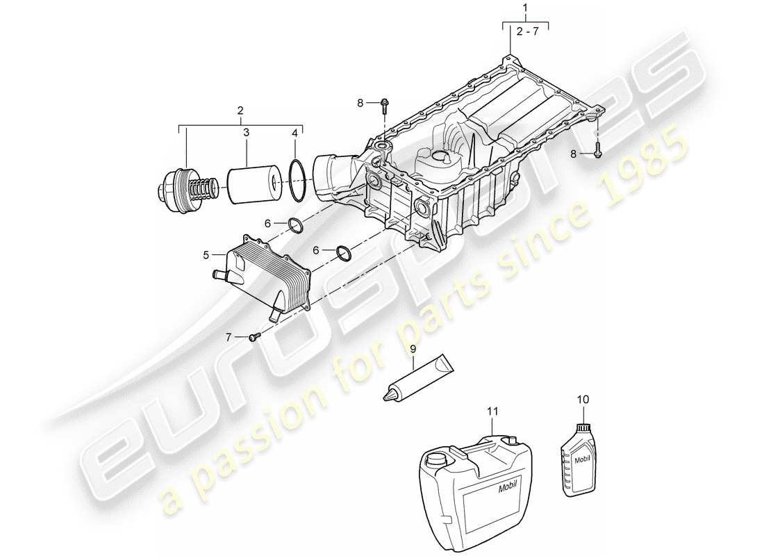 porsche 2010 (cayenne e1 9pa) alloggiamento conduttivo dell'olio diagramma delle parti