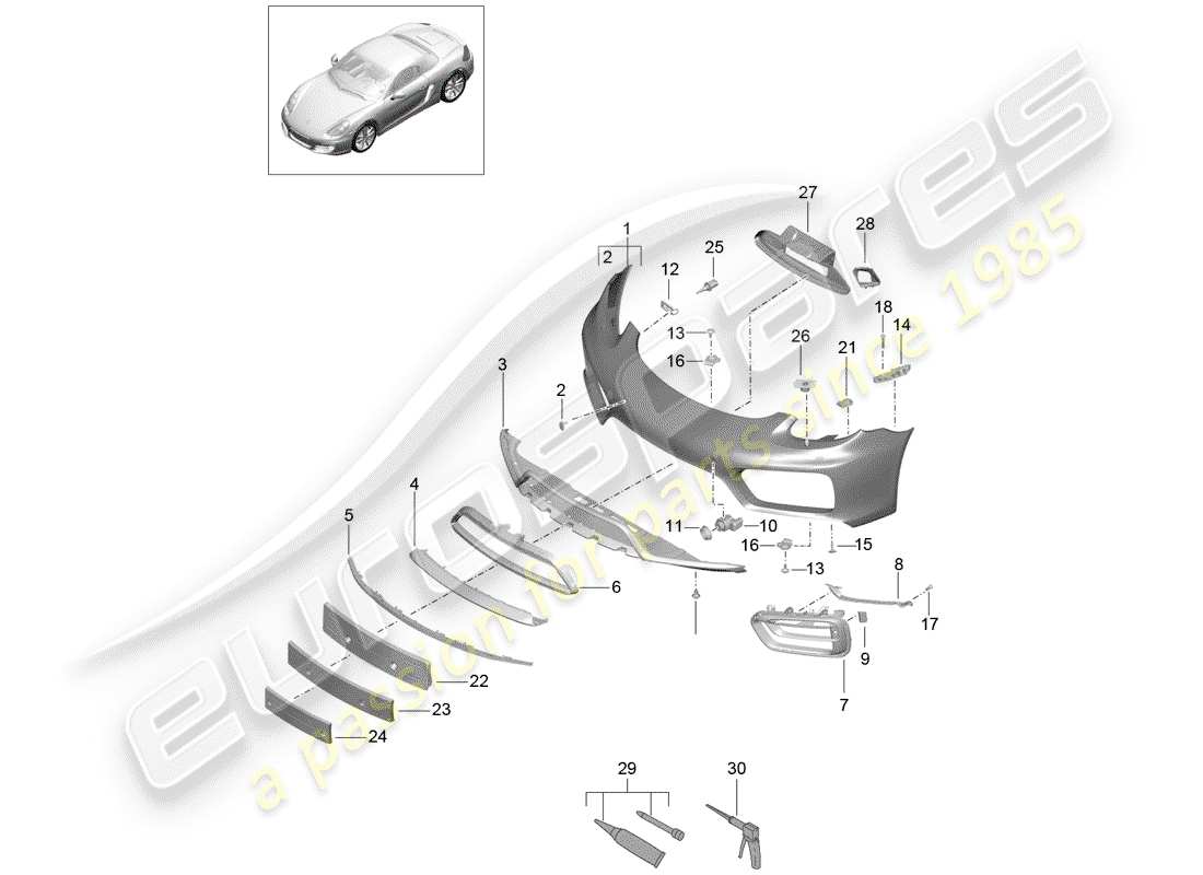porsche boxster 981 (2013) diagramma delle parti del paraurti