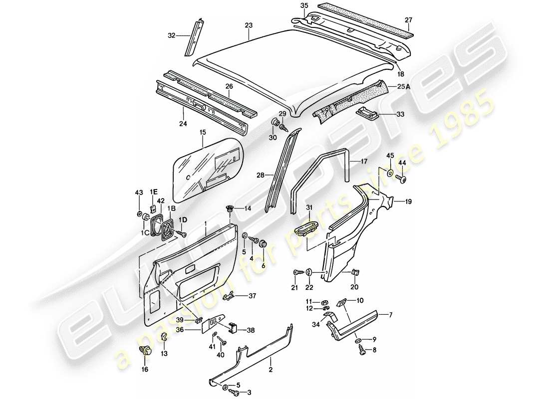 porsche 1986 (944) pannello portiera - pannello di rivestimento del tetto diagramma delle parti