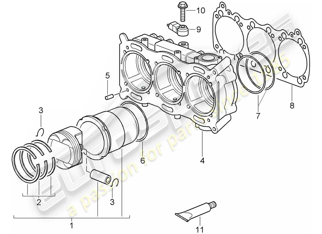 porsche 2009 997-2 turbo / gt2 cilindro con pistoni schema delle parti