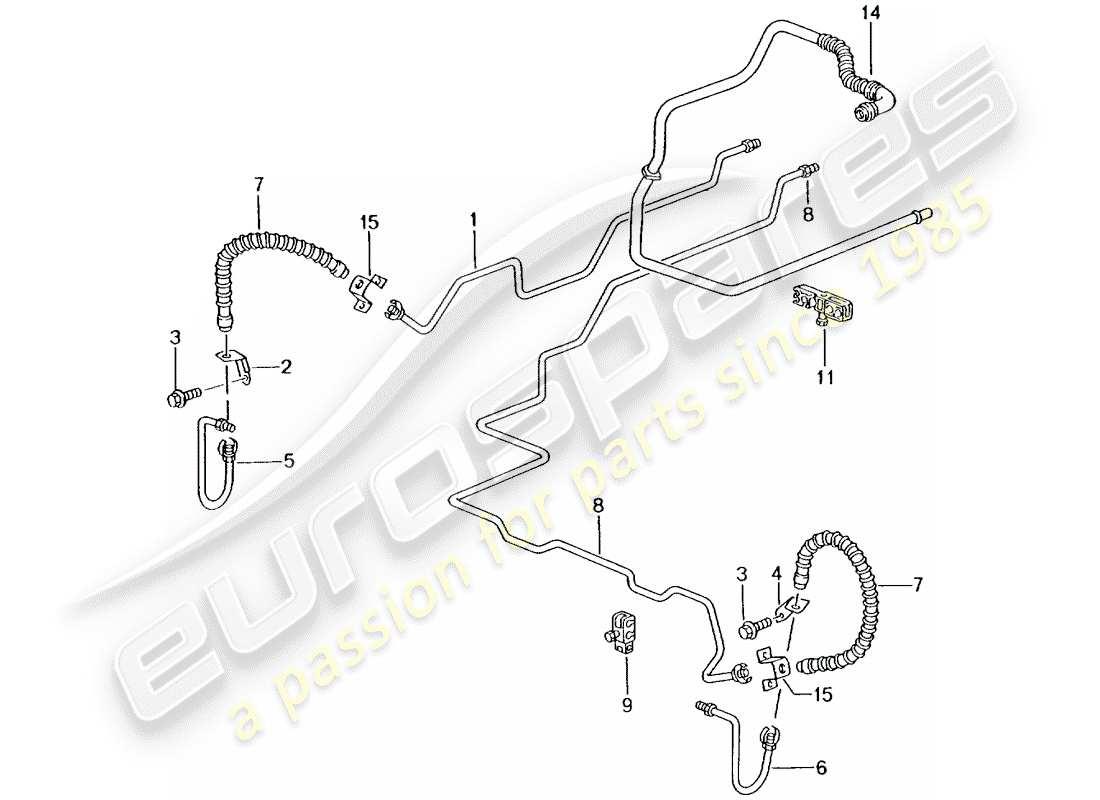 porsche 2003 (996 turbo / gt2) linea freno - sottoscocca - assale posteriore - linea di depressione schema delle parti
